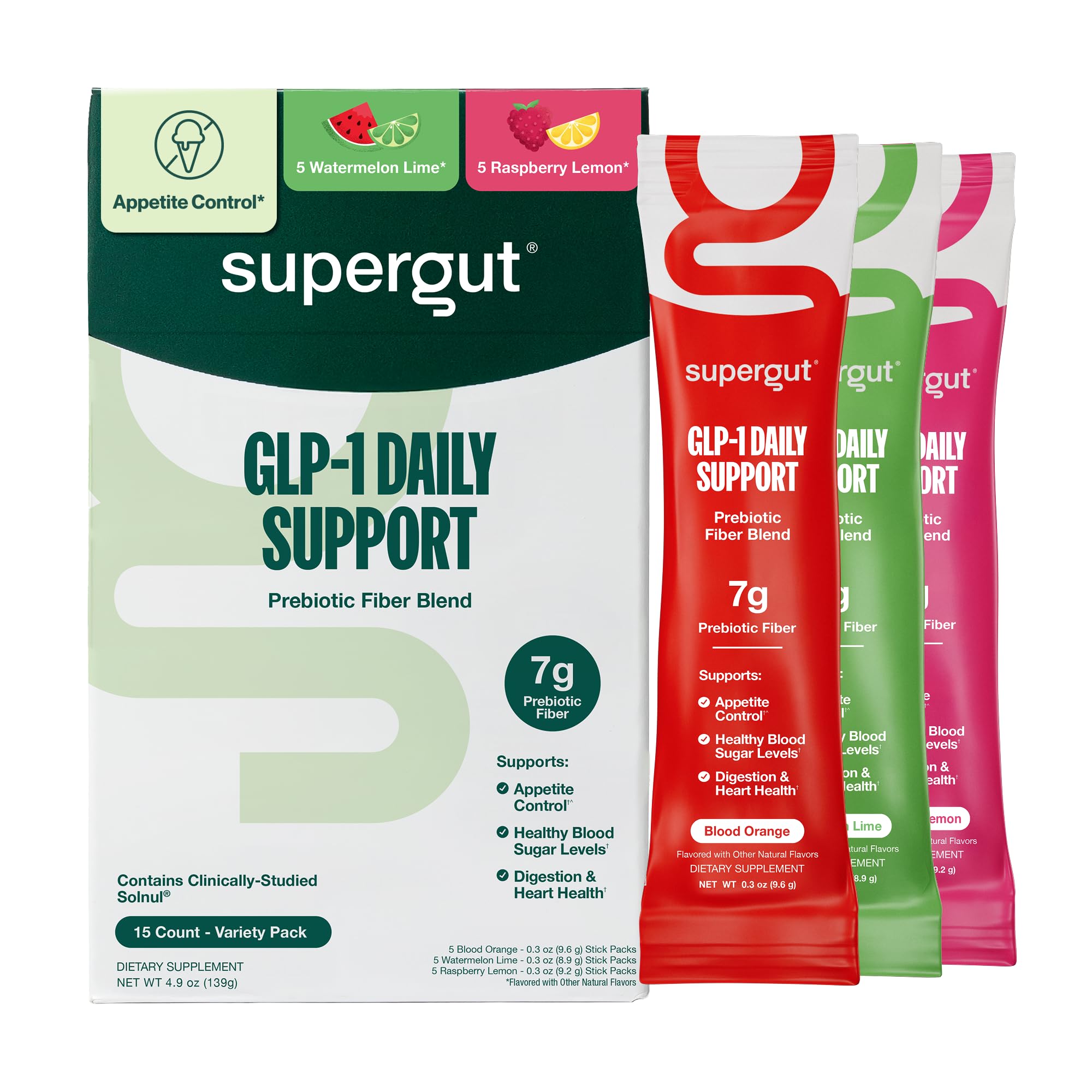 Supergut GLP-1 Daily Support variety pack front view promotes gut health and appetite control.