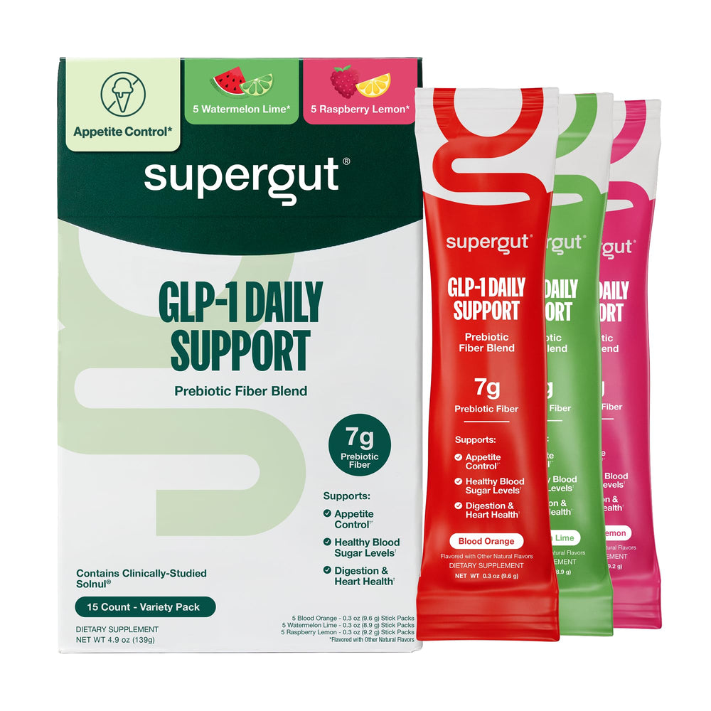 Supergut GLP-1 Daily Support variety pack front view promotes gut health and appetite control.