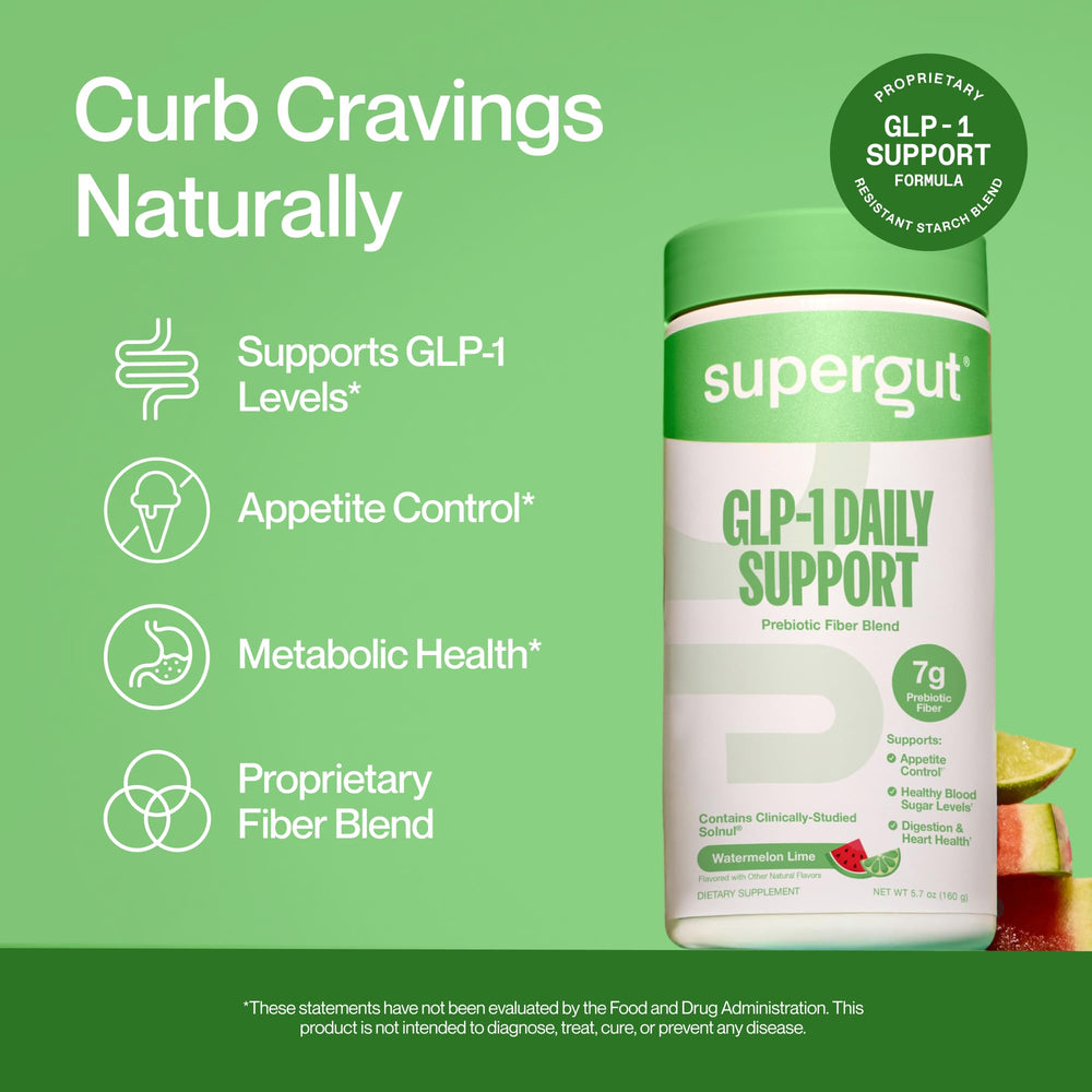 Pouring Supergut GLP-1 Daily Support watermelon lime powder into a glass for a fiber boost.