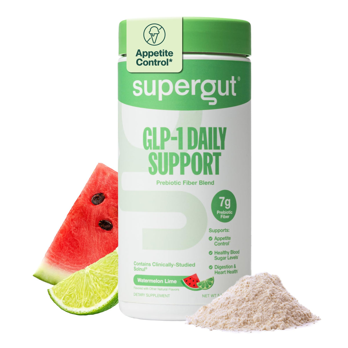 Supergut GLP-1 Daily Support watermelon lime powder stirred in water for digestive comfort and cravings control.