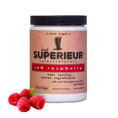 Superieur Electrolytes raspberry powder tub for delicious hydration with plant-based ingredients.
