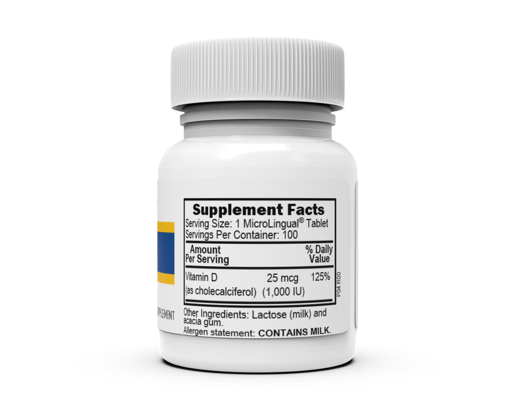 Bottled Vitamin D3 with label showing dosage and ingredients.