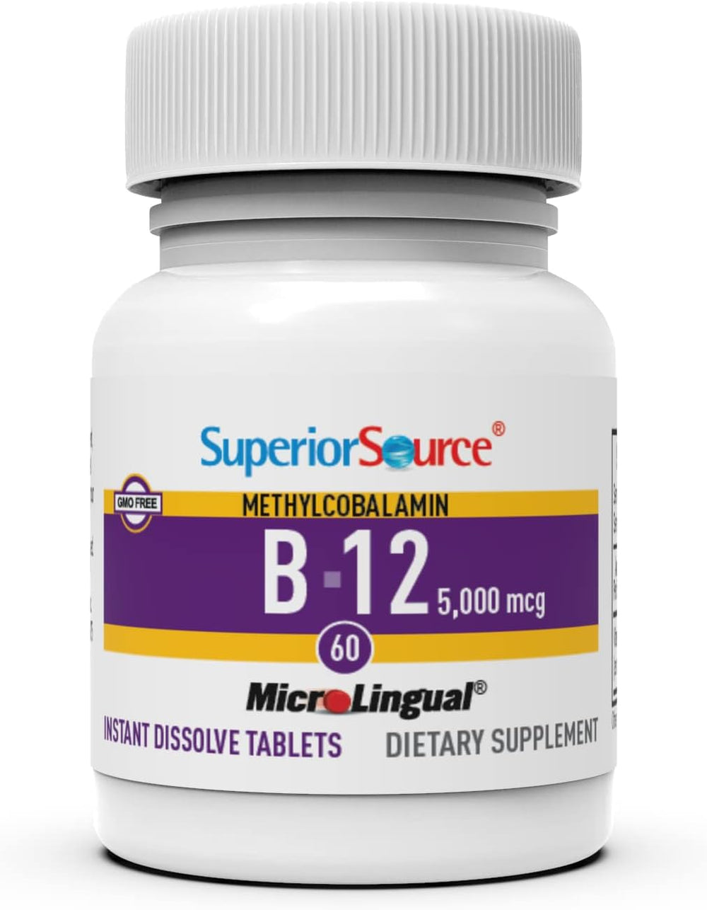 Superior Source No Shot B12 label close-up highlighting quality testing
