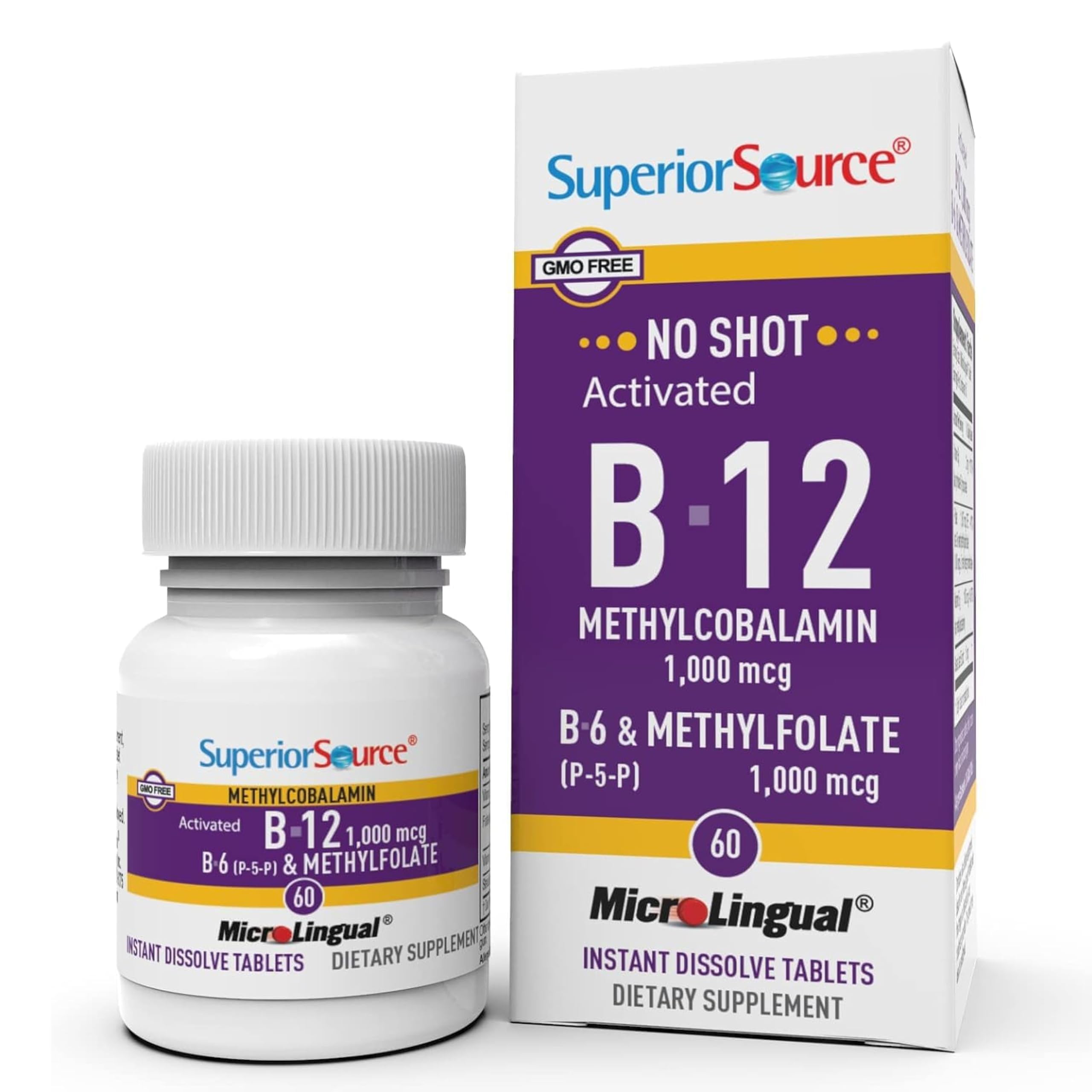 Superior Source No Shot B12 methylcobalamin tablets dissolve quickly for fast absorption.