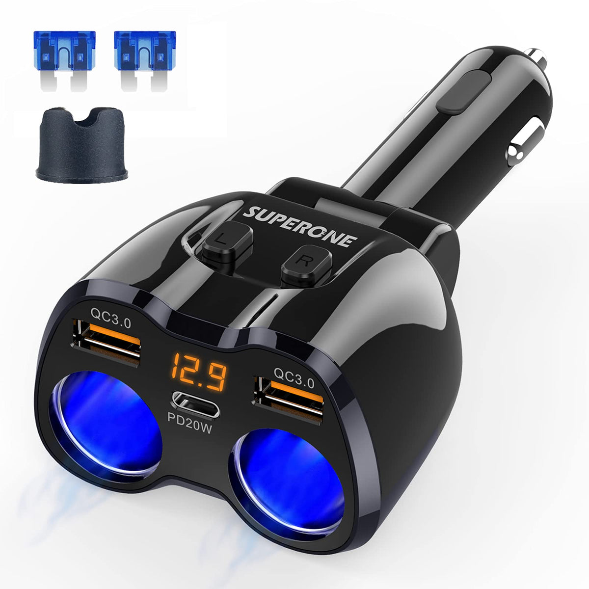 SUPERONE 180W dual-socket lighter splitter powers multiple devices at once.