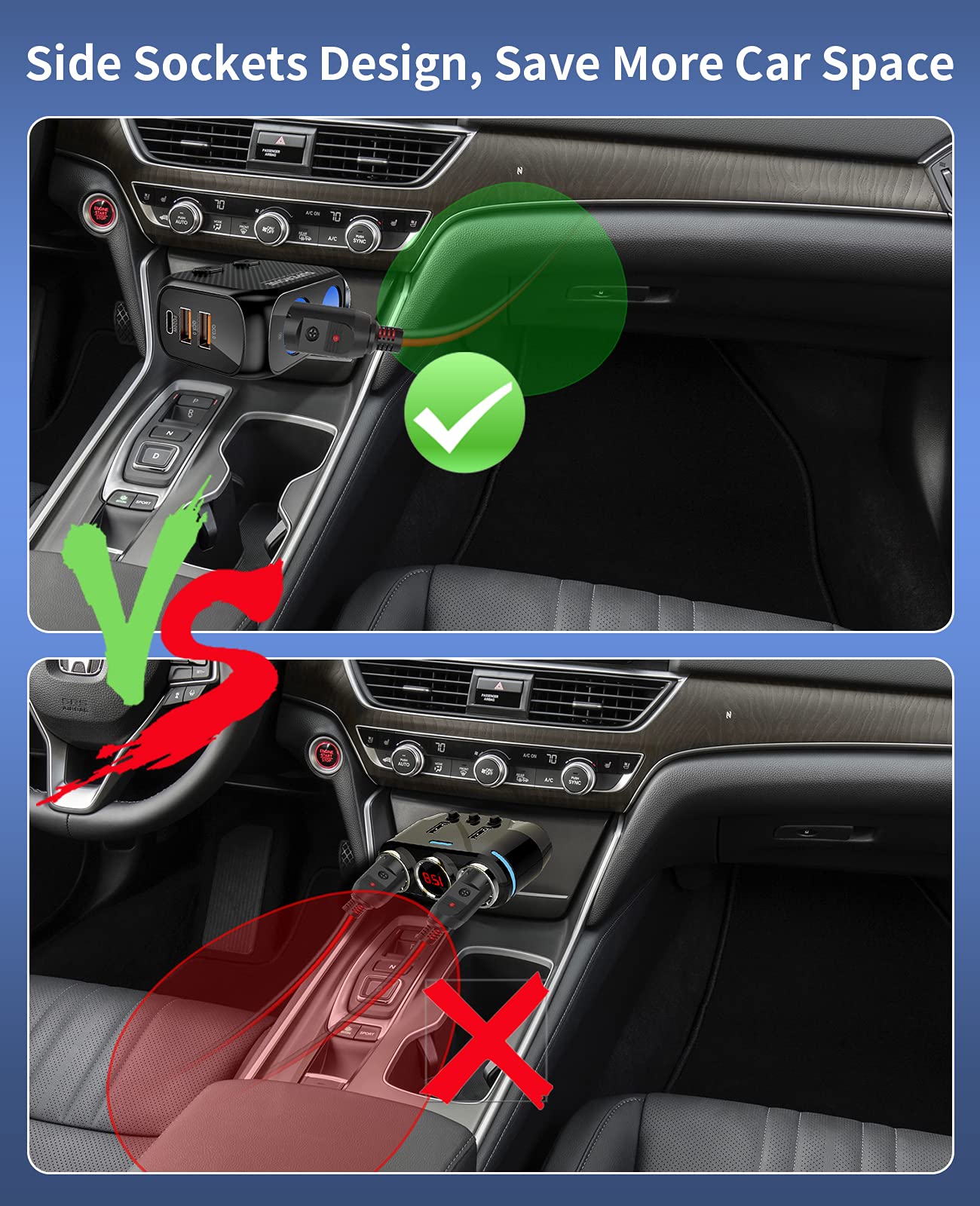 SUPERONE blue-lit on/off switches clearly indicate active sockets in low light.