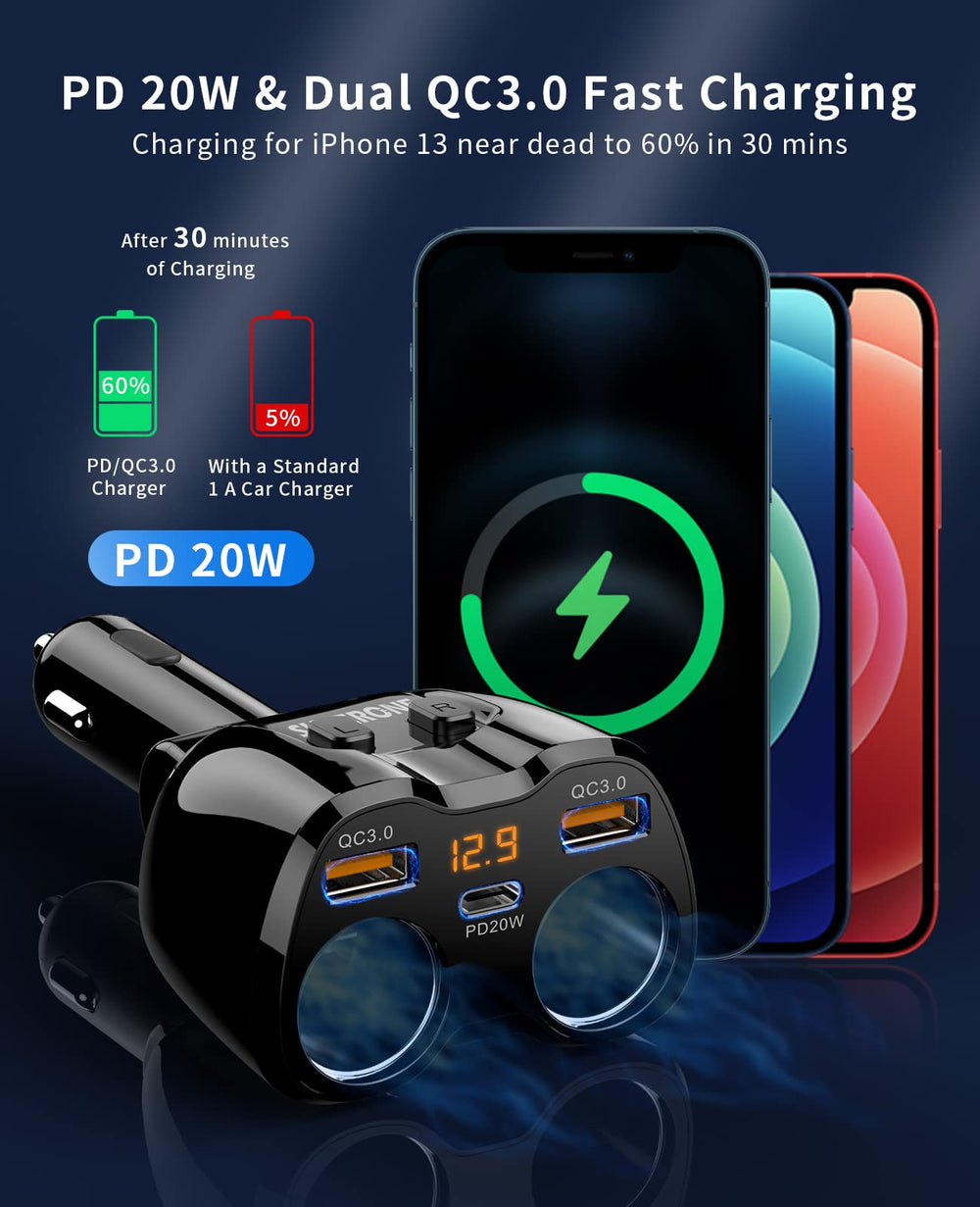 SUPERONE dual USB-C PD 20W and QC3.0 ports for fast charging.