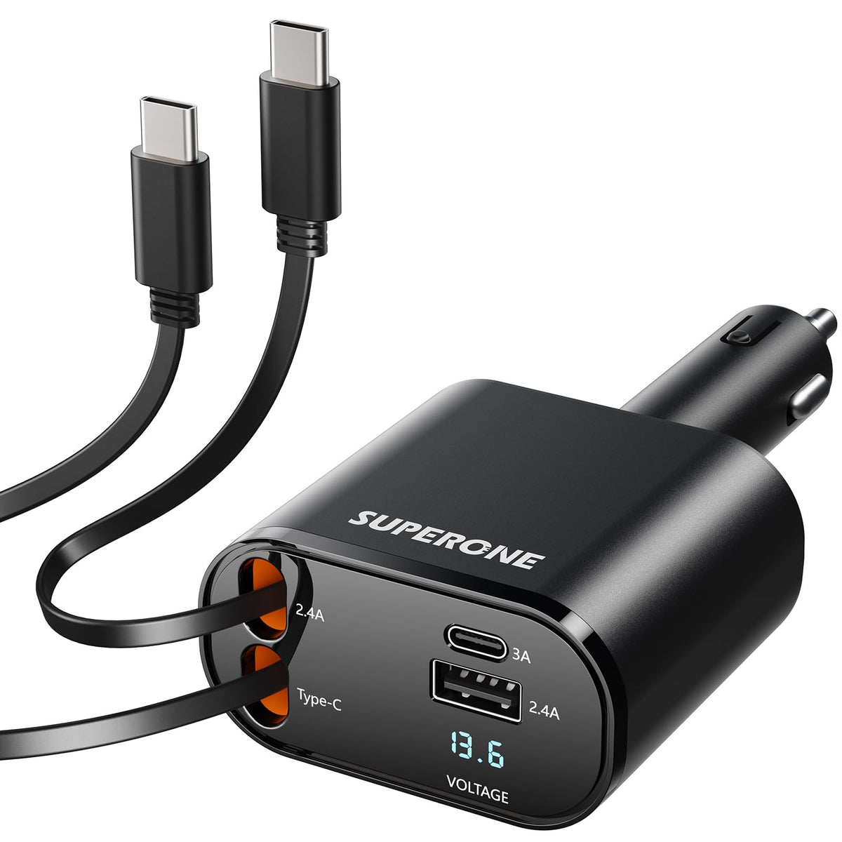 SUPERONE retractable car charger with 180-degree rotation for flexible mounting