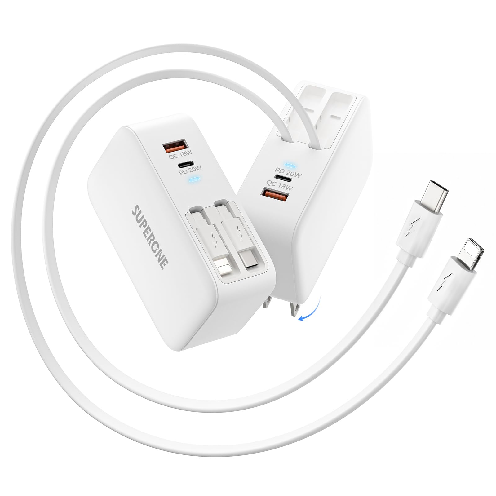 SUPERONE retractable charger with dual cables reduces clutter on a desk or nightstand