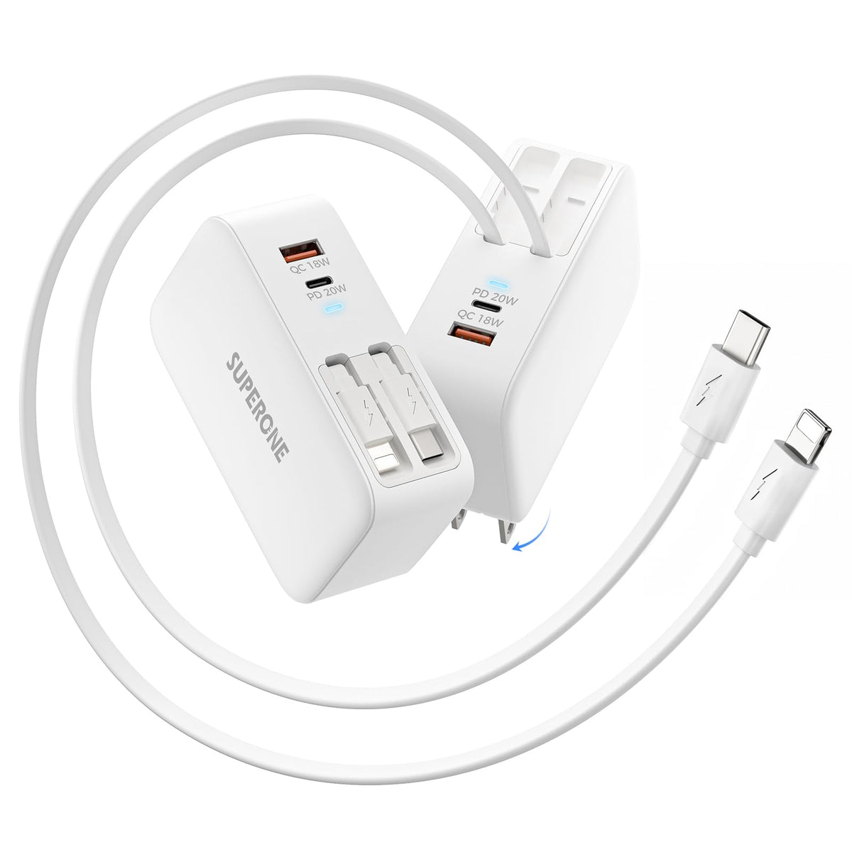 SUPERONE retractable charger with dual cables reduces clutter on a desk or nightstand