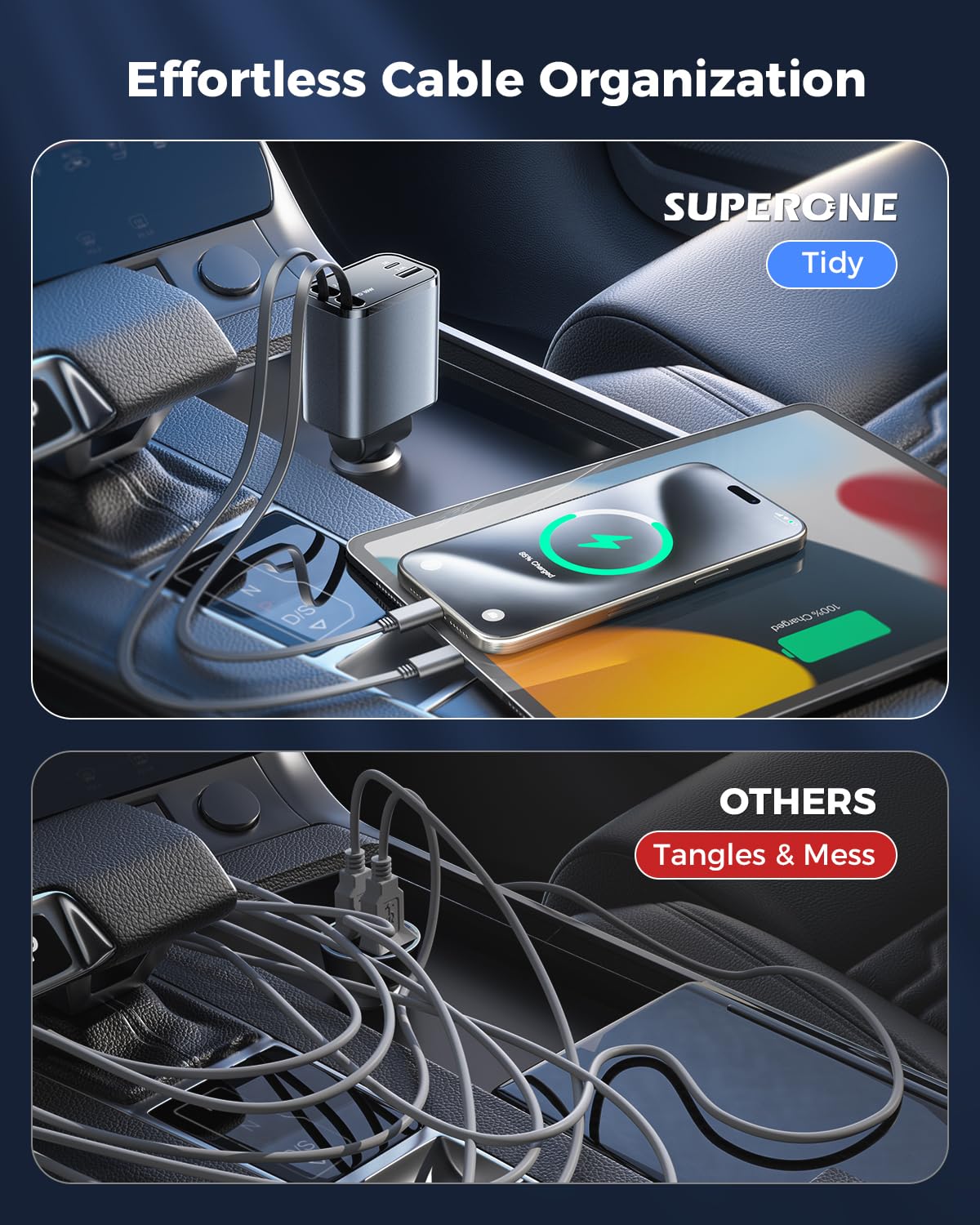 SUPERONE Smaller 4 in 1 retractable cords extended displaying tidy setup