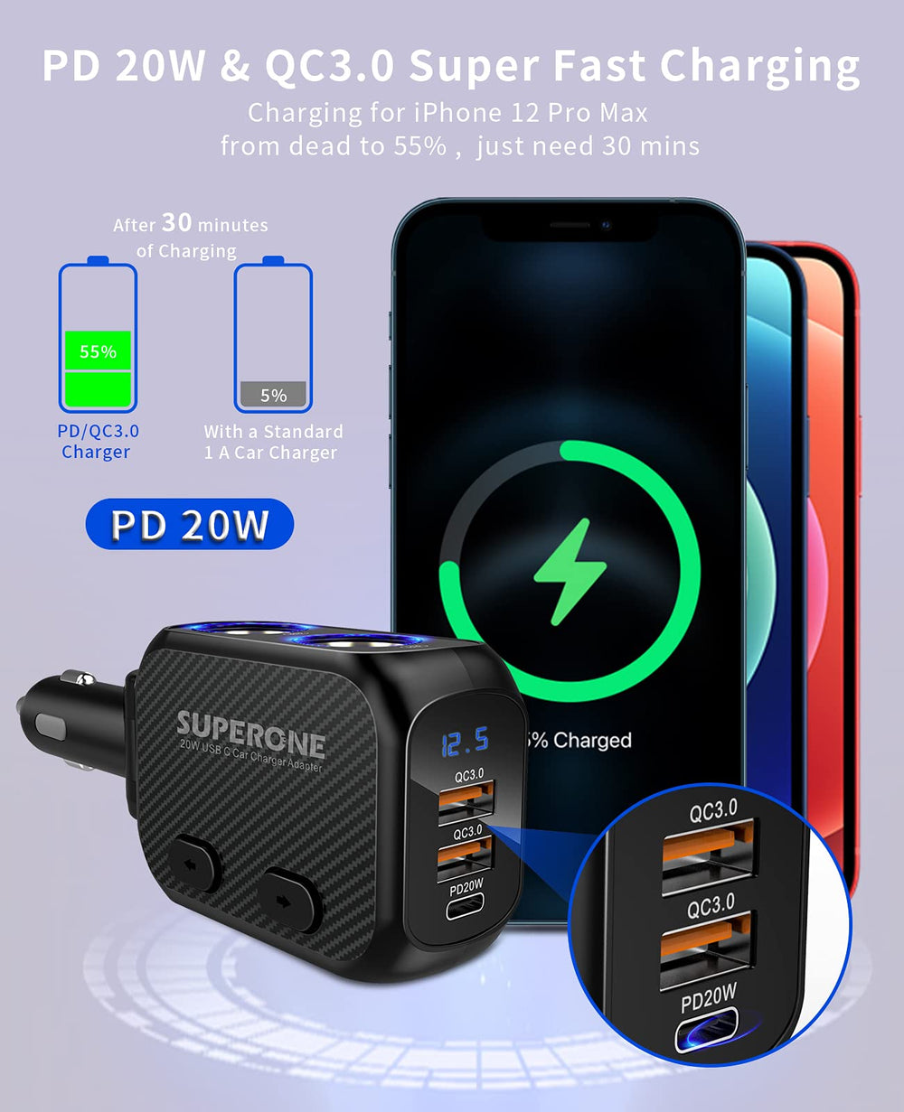 SUPERONE two-socket adapter compact design fits neatly in the vehicle.