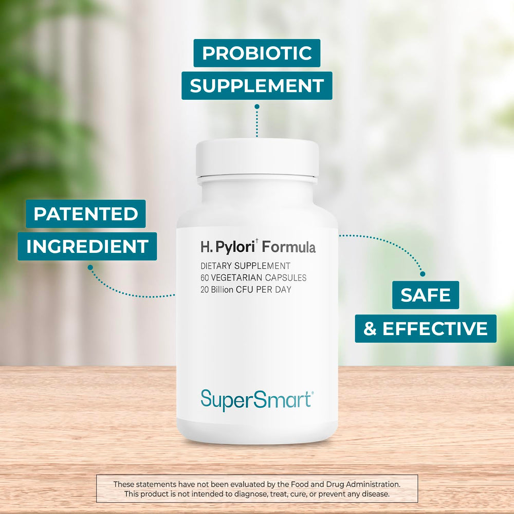 Zoomed view of Supersmart H. Pylori Formula bottle label highlighting Pylopass and ingredients.