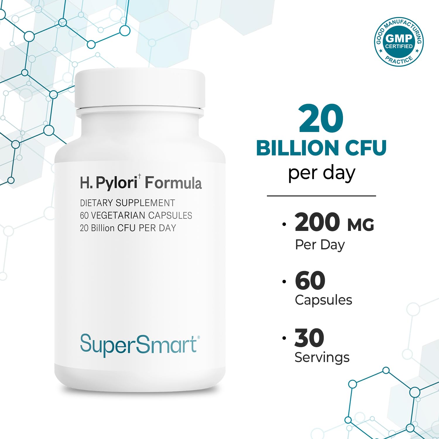 Supersmart H. Pylori bottle placed on a desk beside a glass of water.