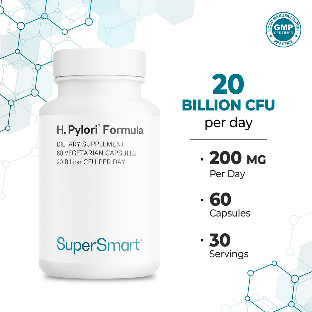 Supersmart H. Pylori bottle placed on a desk beside a glass of water.