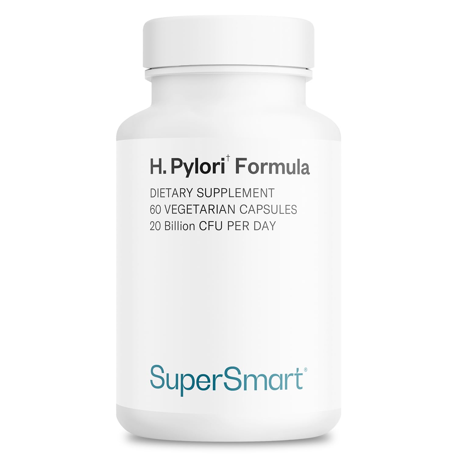 Supersmart H. Pylori Formula bottle resting on a clean surface showing brand and dosage.
