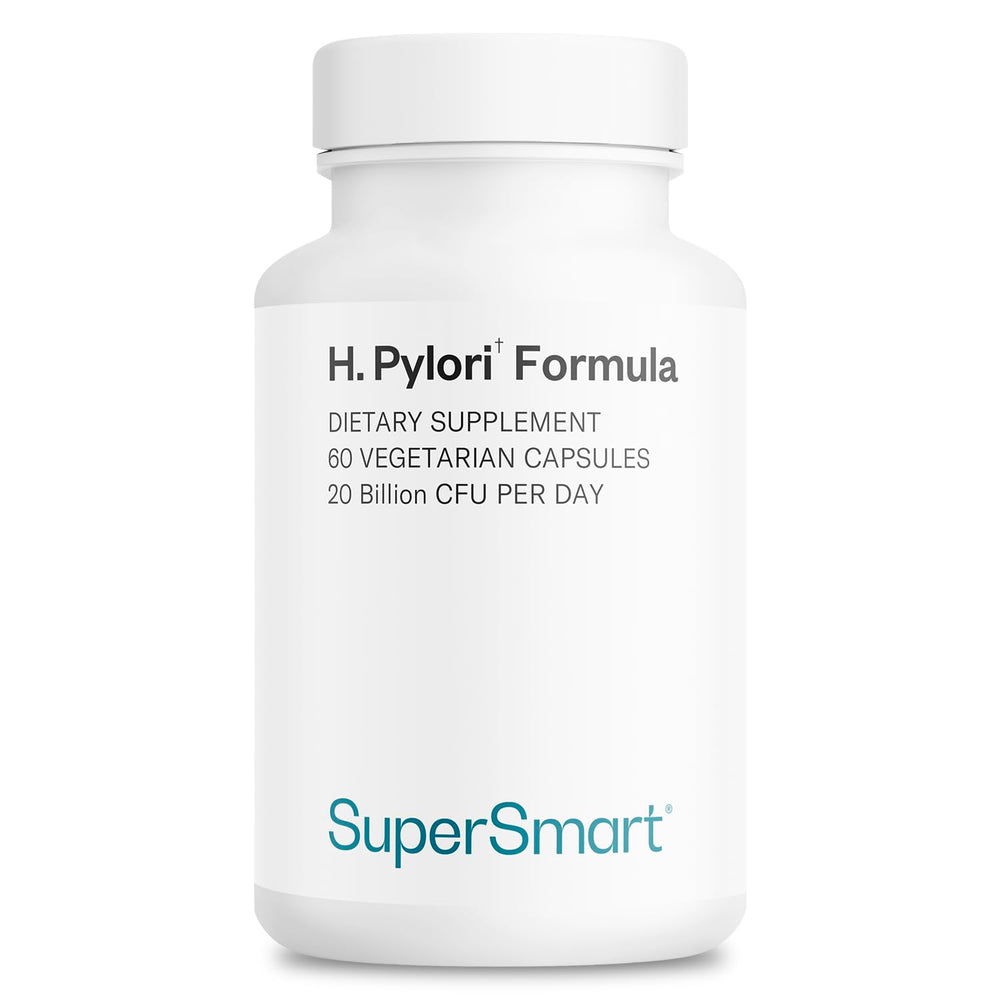Supersmart H. Pylori Formula bottle resting on a clean surface showing brand and dosage.