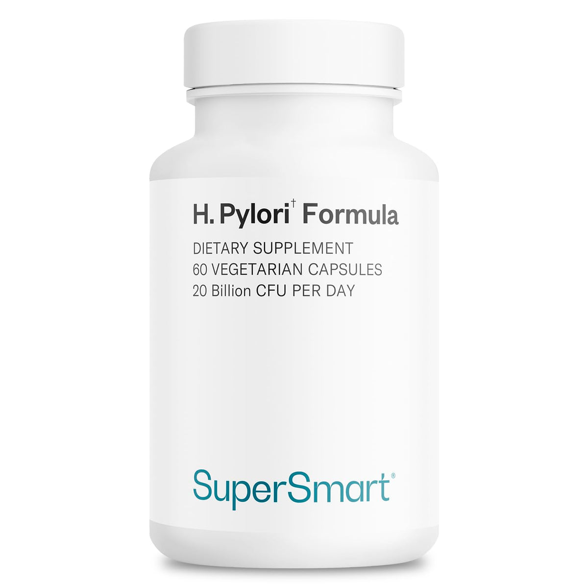 Supersmart H. Pylori Formula bottle resting on a clean surface showing brand and dosage.
