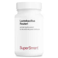 Supersmart L. reuteri 5b CFU capsules in bottle for daily use, may support gut balance.