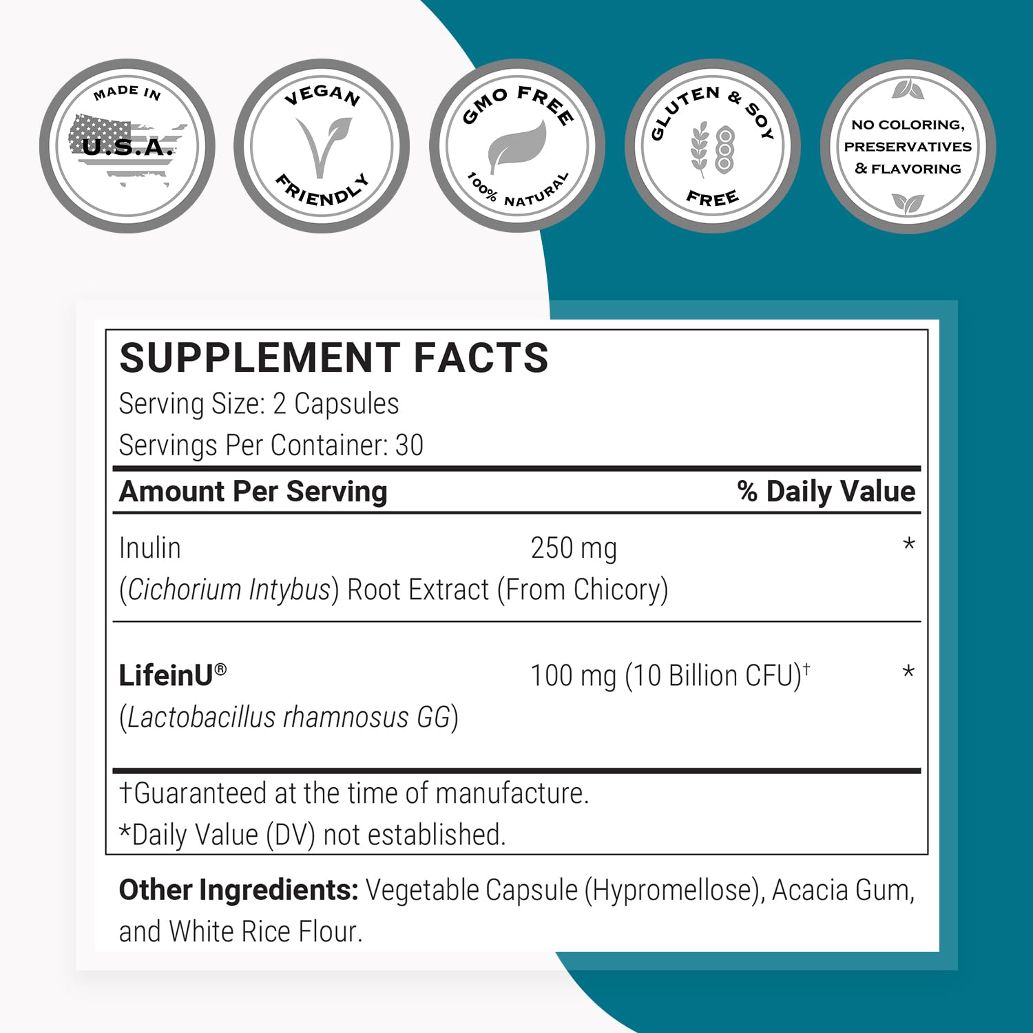 Two capsules with water showing easy daily dosage with Supersmart LGG.