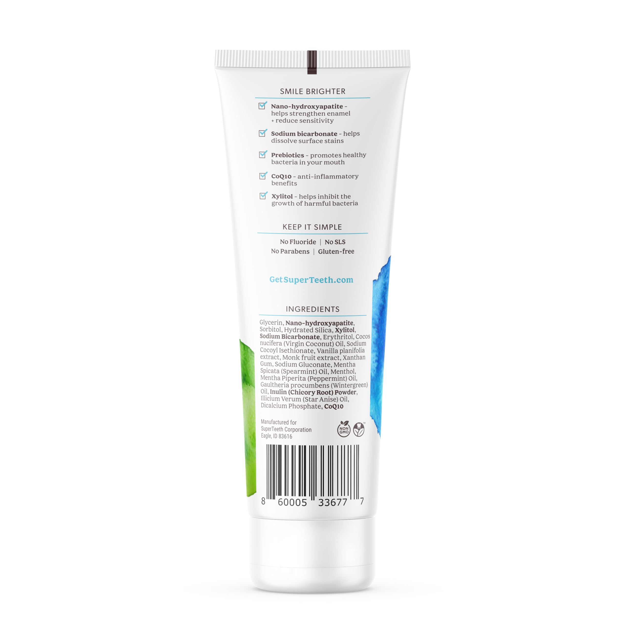 SuperTeeth remineralizing fluoride-free toothpaste tube supports enamel protection and cavity prevention.