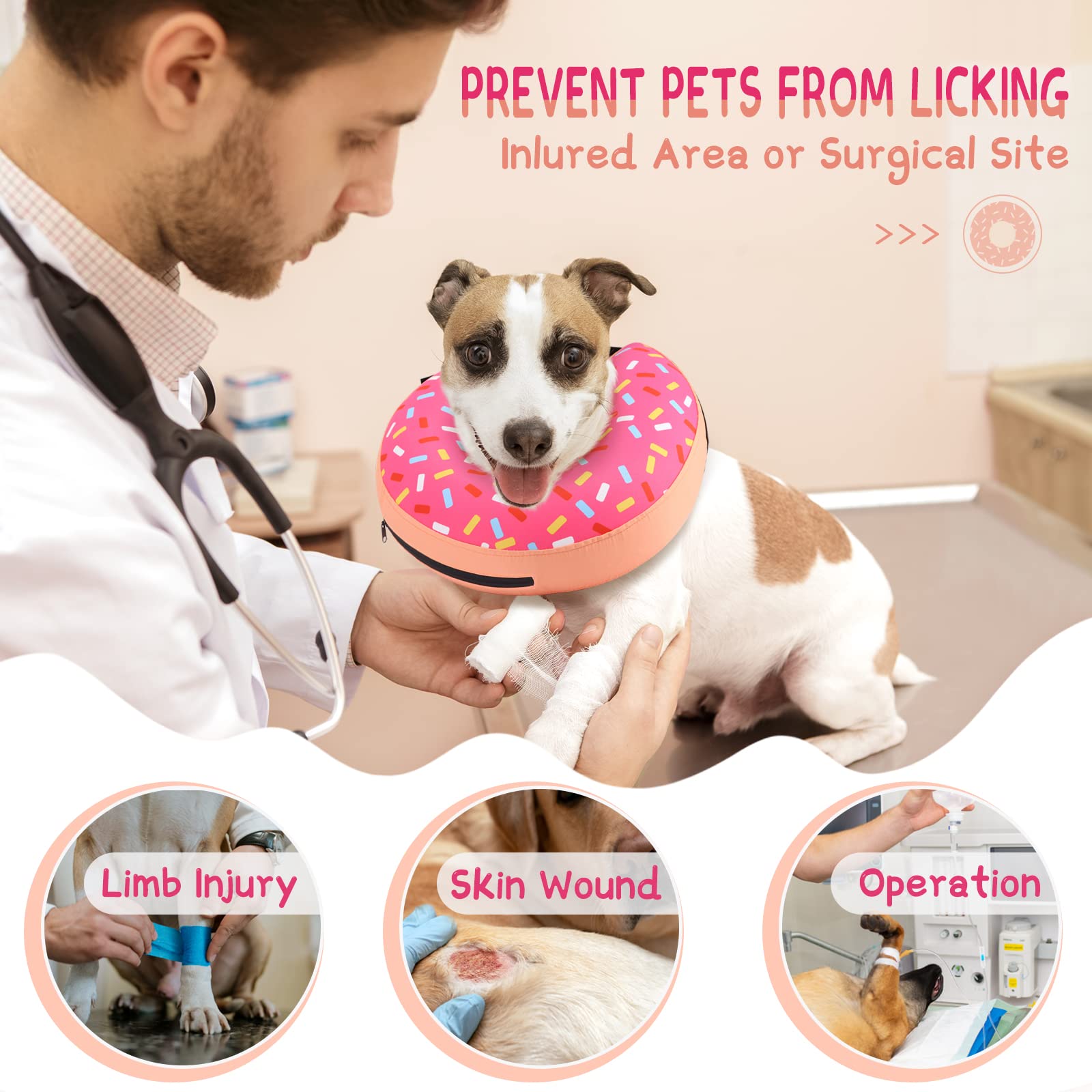 Supet donut-shape collar in soft material comforts dogs during recovery.