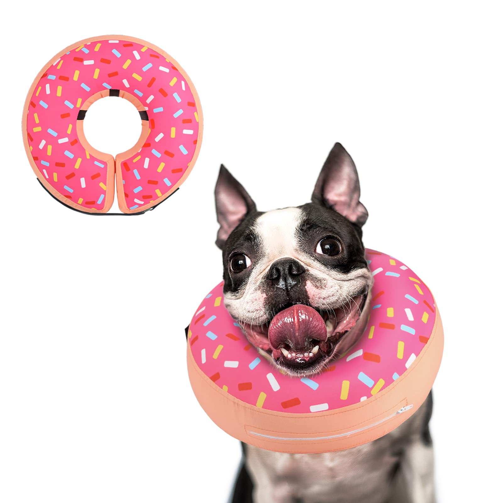 Supet inflatable dog cone close-up shows soft donut design for protective fit.