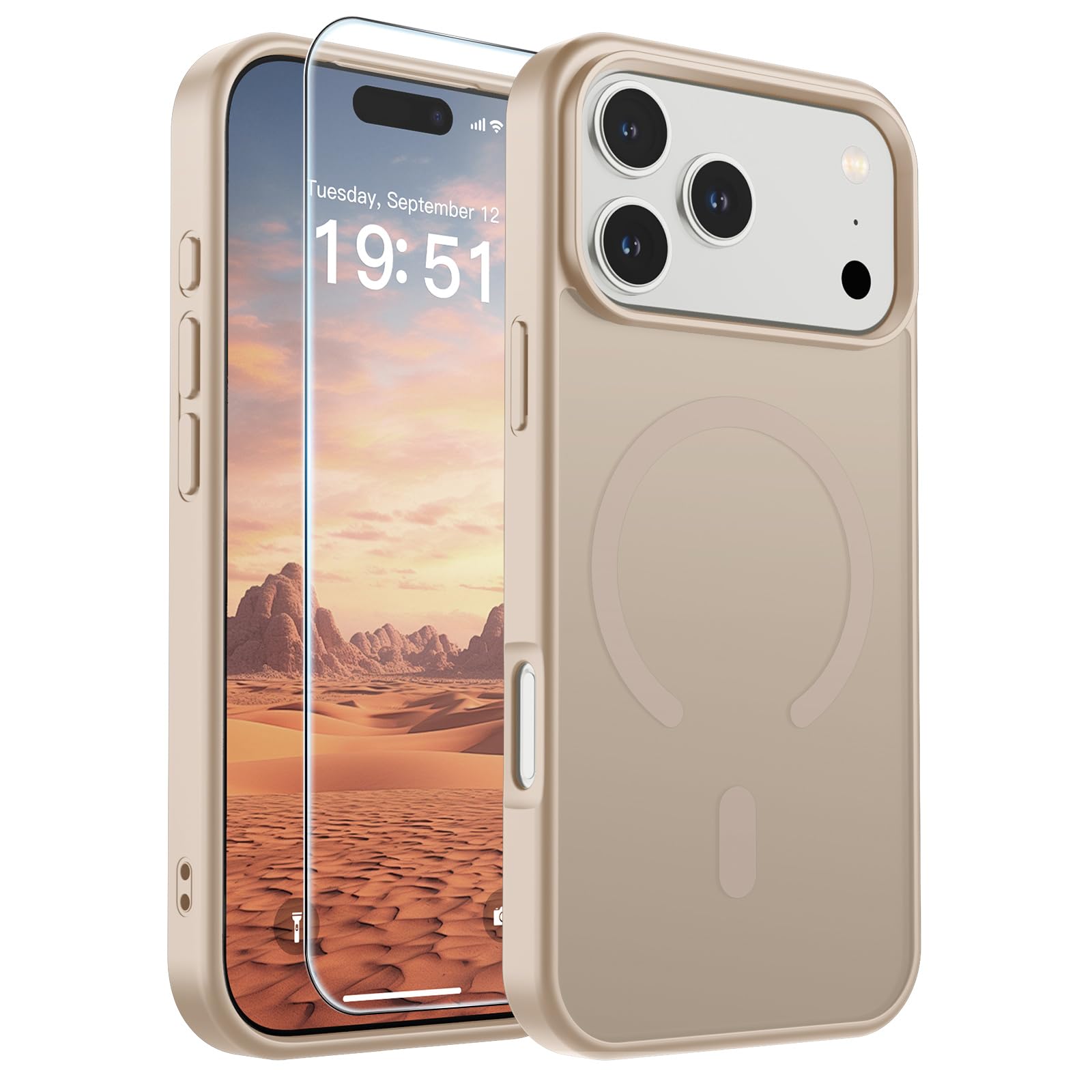 SUPFINE Desert Gold Magnetic iPhone 17 Pro Max back view with matte grip and scratch resistance.