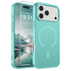 SUPFINE Magnetic case for iPhone 17 Pro Max with blue-green translucent back and fingerprint resistance.