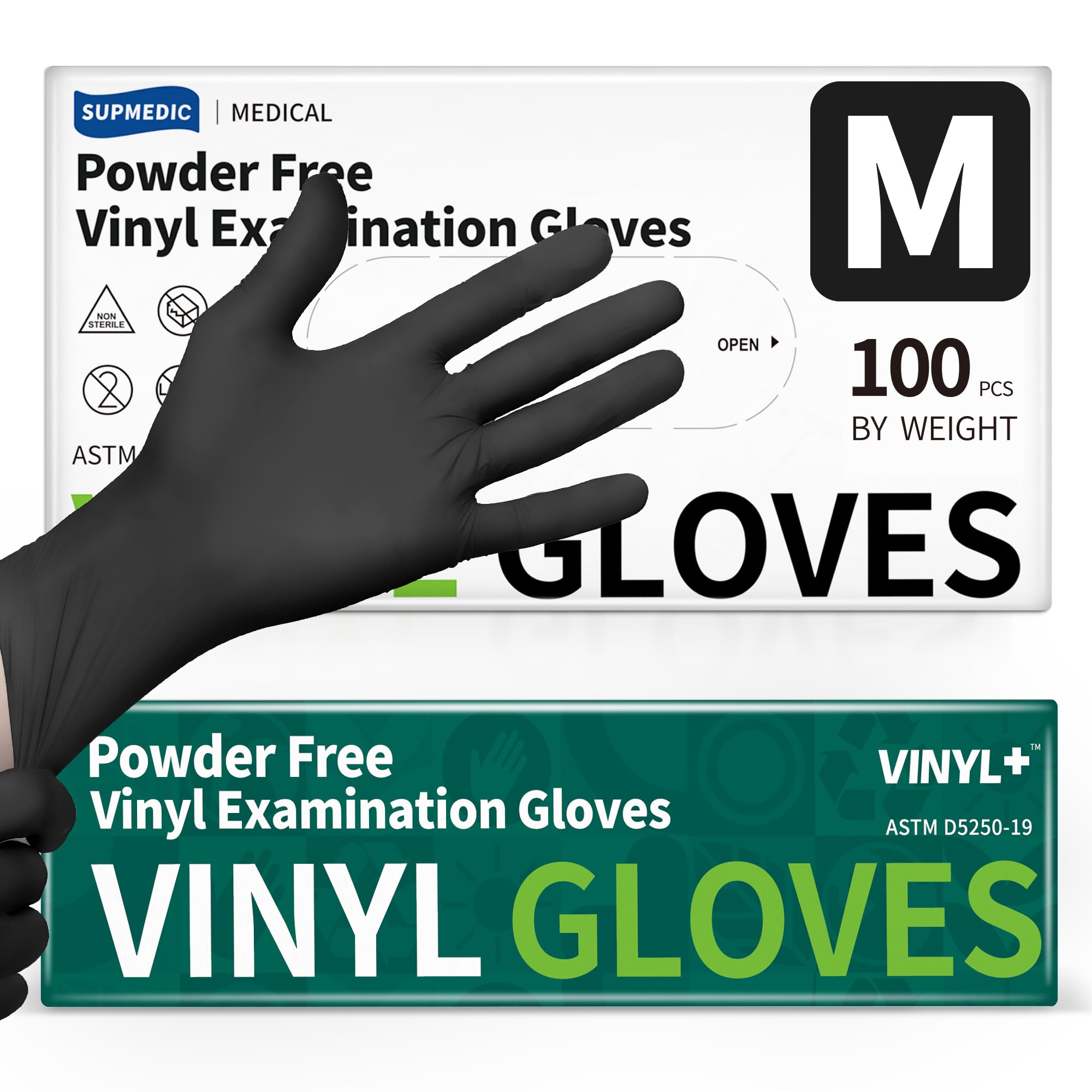 Supmedic black gloves 4mil box, easy top-load dispensing.