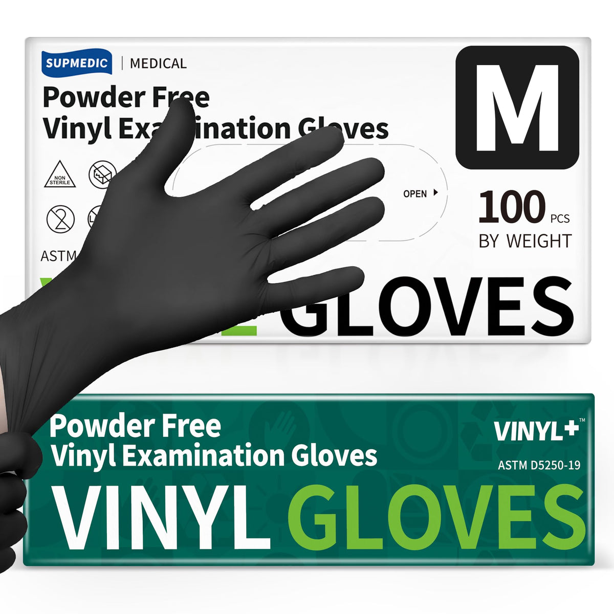 Supmedic black gloves 4mil box, easy top-load dispensing.