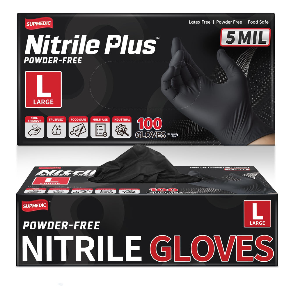 Supmedic black nitrile exam gloves with 5 mil thickness, boxed, ready for everyday tasks.