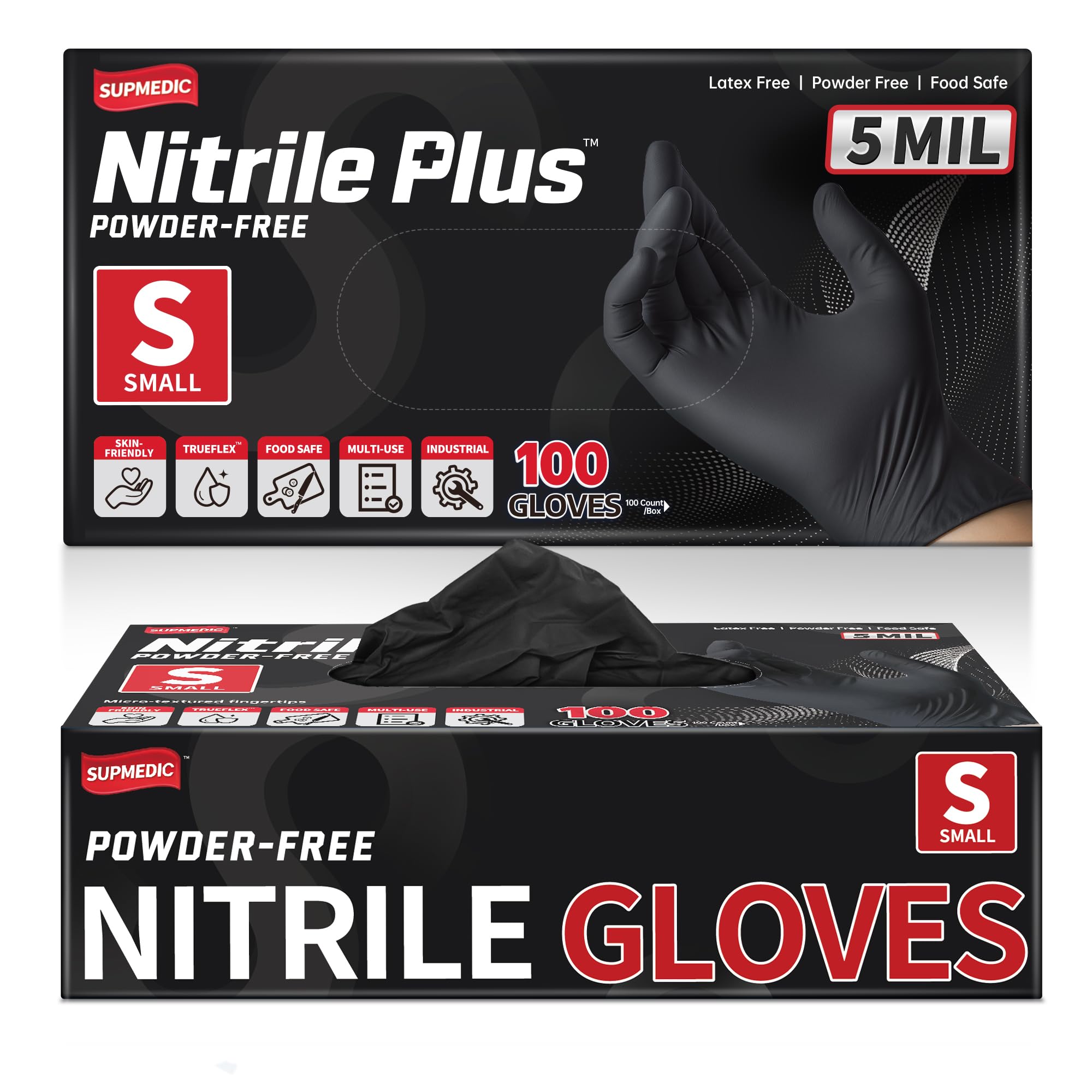 Supmedic Black Nitrile Gloves box front demonstrates durable, powder-free protection.