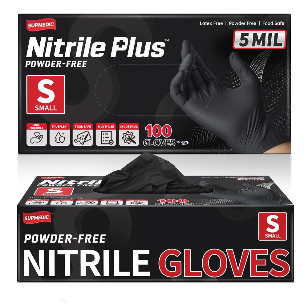 Supmedic Black Nitrile Gloves box front demonstrates durable, powder-free protection.