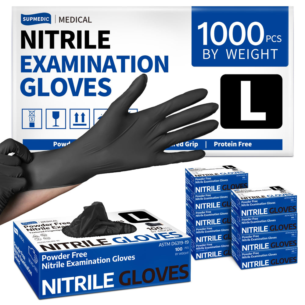 Supmedic black nitrile gloves pack front for bulk 1000 pcs, chemical-ready