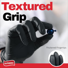 Supmedic Black Nitrile glove palm close-up with smooth grip.