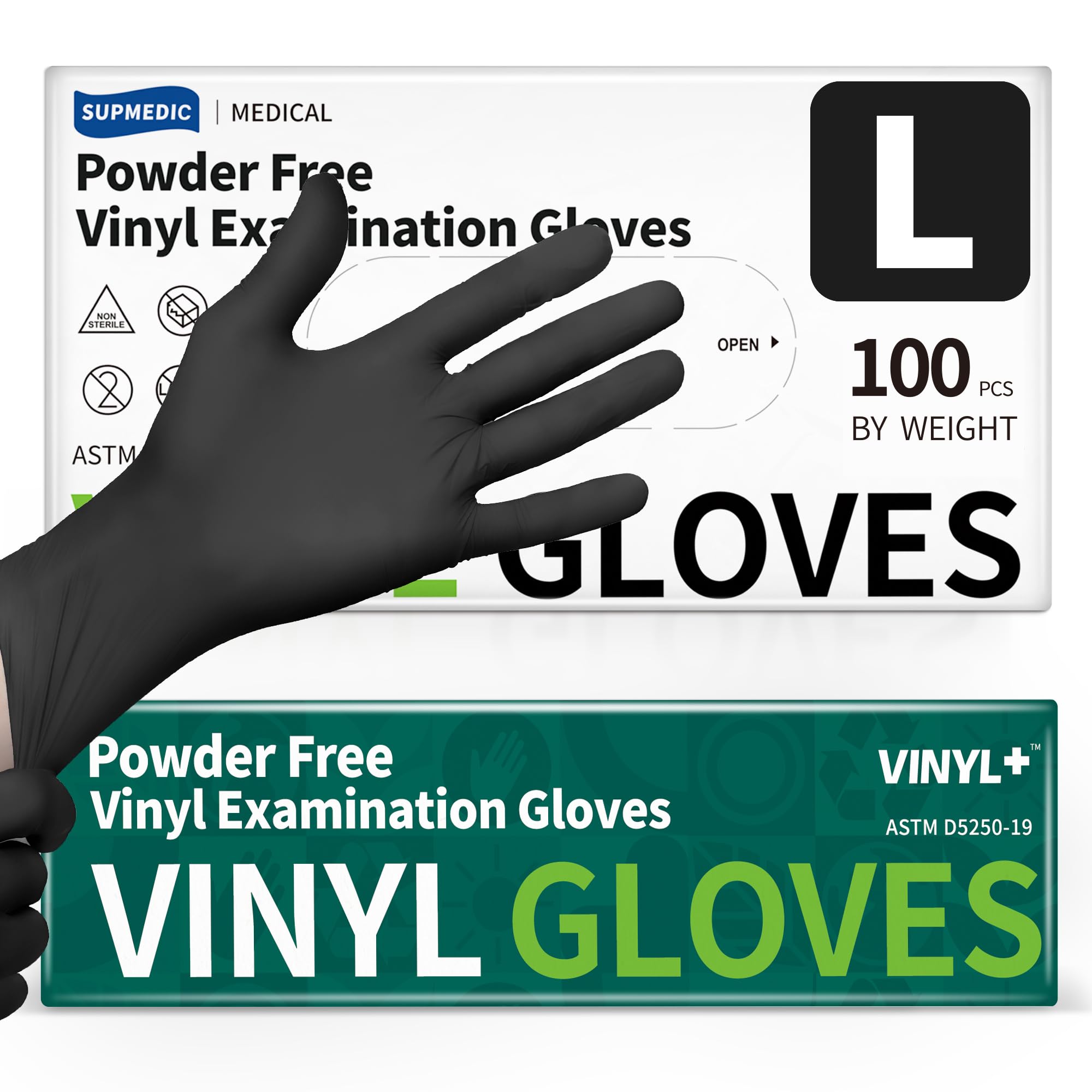 Supmedic black vinyl gloves on hand showing tactile grip for precise tasks