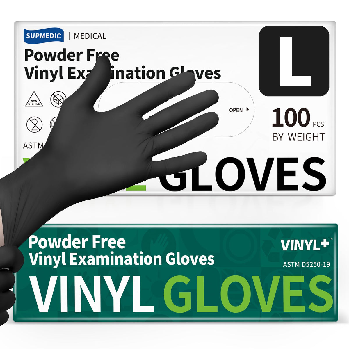 Supmedic black vinyl gloves on hand showing tactile grip for precise tasks