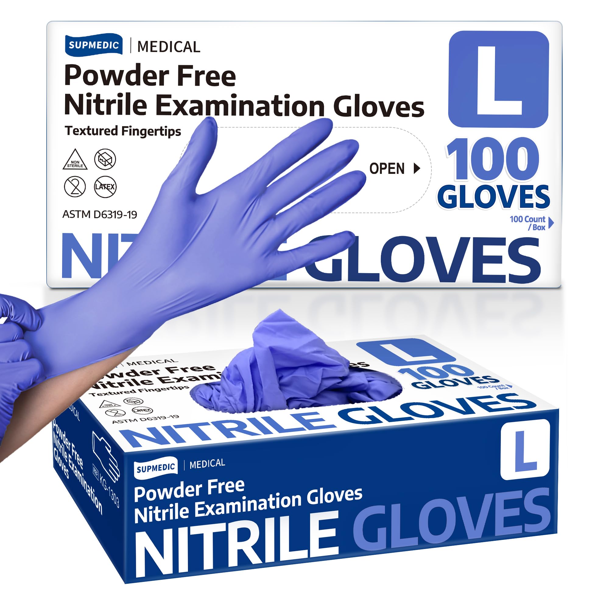 Supmedic Blue Iris nitrile gloves in box, allergy-safe protection.
