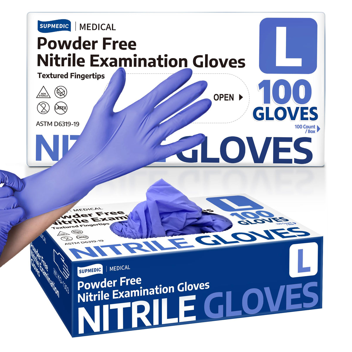 Supmedic Blue Iris nitrile gloves in box, allergy-safe protection.