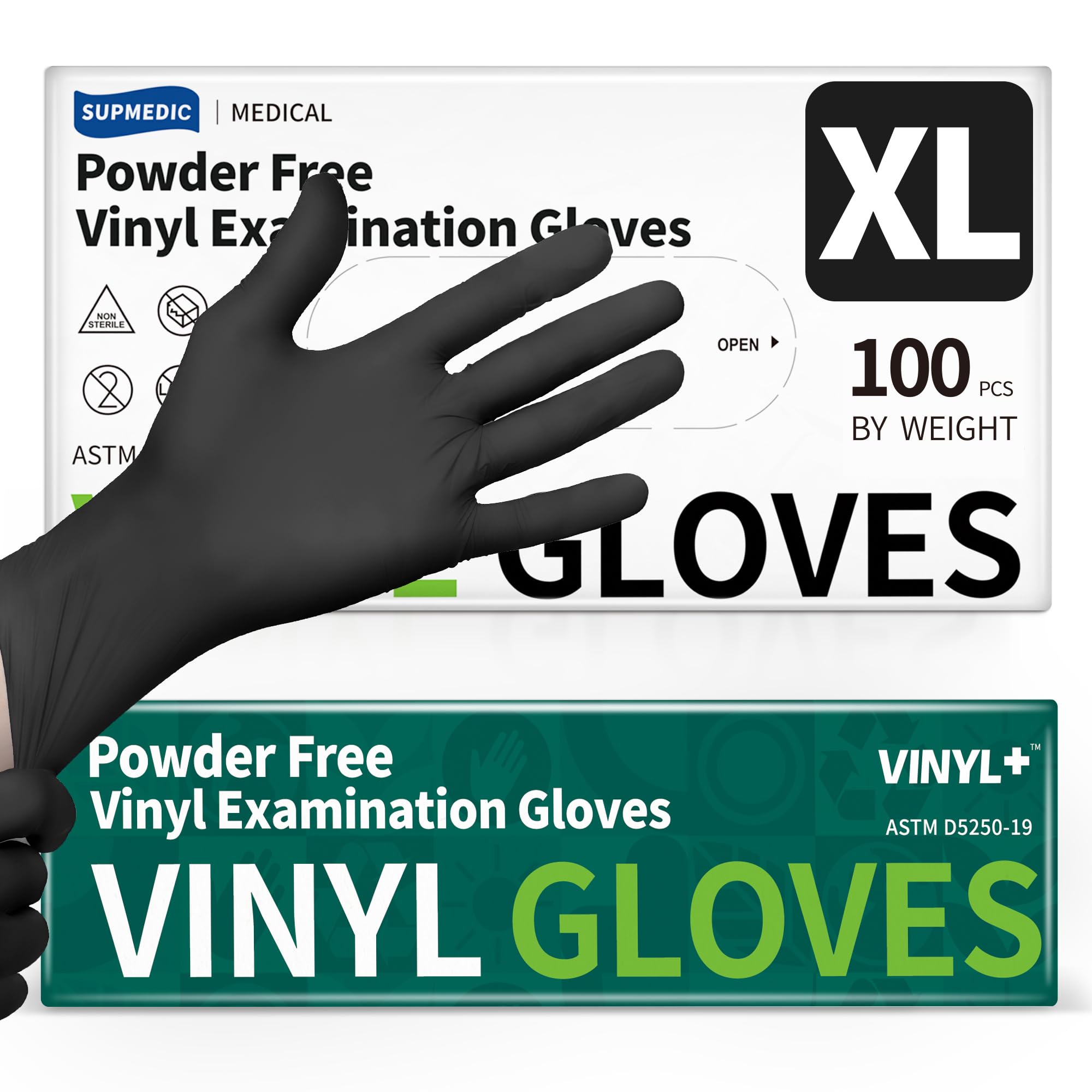 Supmedic black 4 mil vinyl exam gloves with strong barrier and tactile feel.