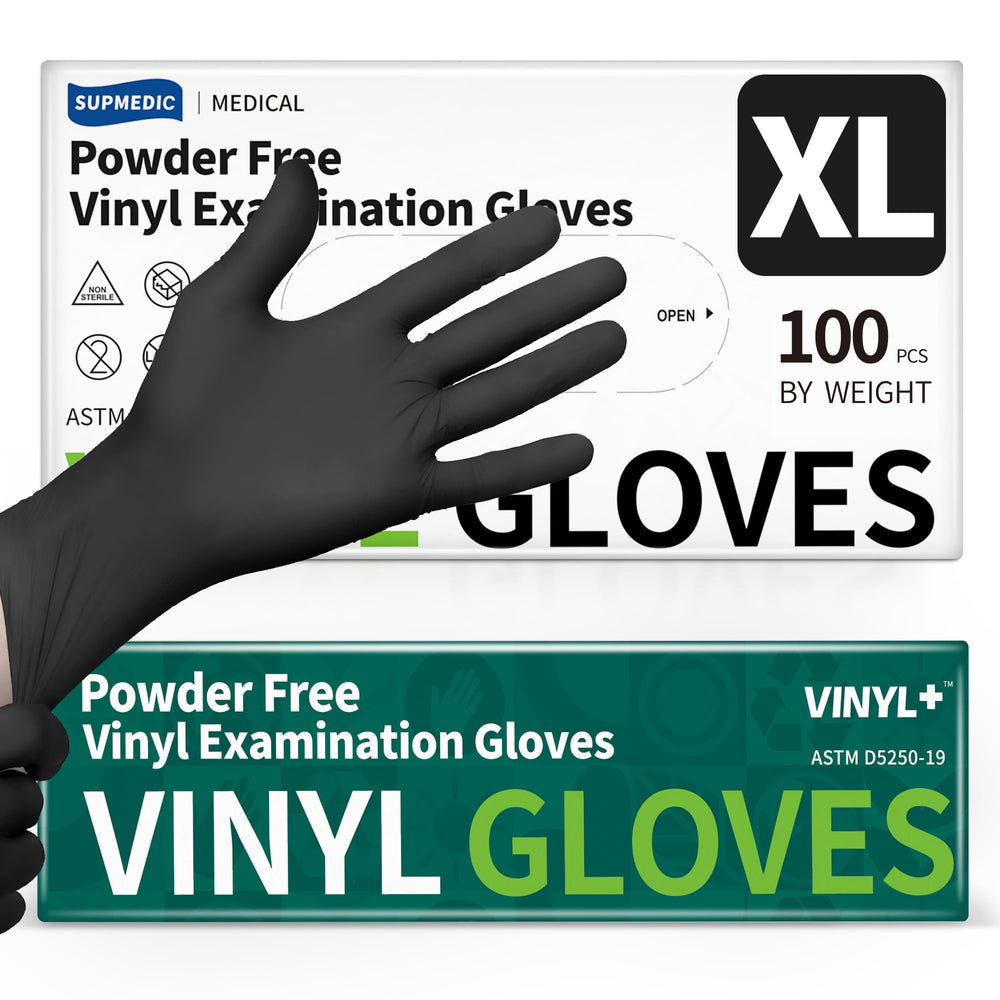 Supmedic black 4 mil vinyl exam gloves with strong barrier and tactile feel.