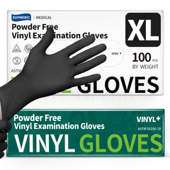 Supmedic black 4 mil vinyl exam gloves with strong barrier and tactile feel.
