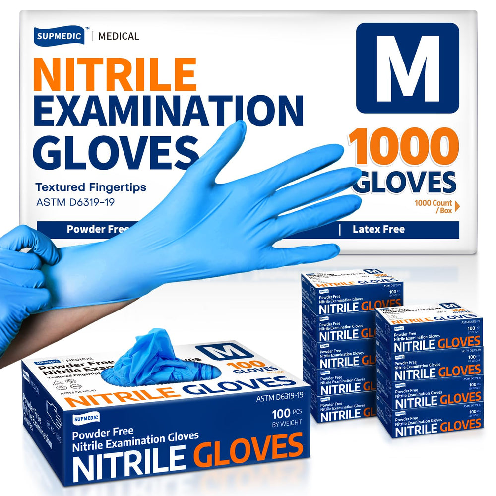 Supmedic nitrile exam gloves in blue packaging provide reliable protection and easy access.