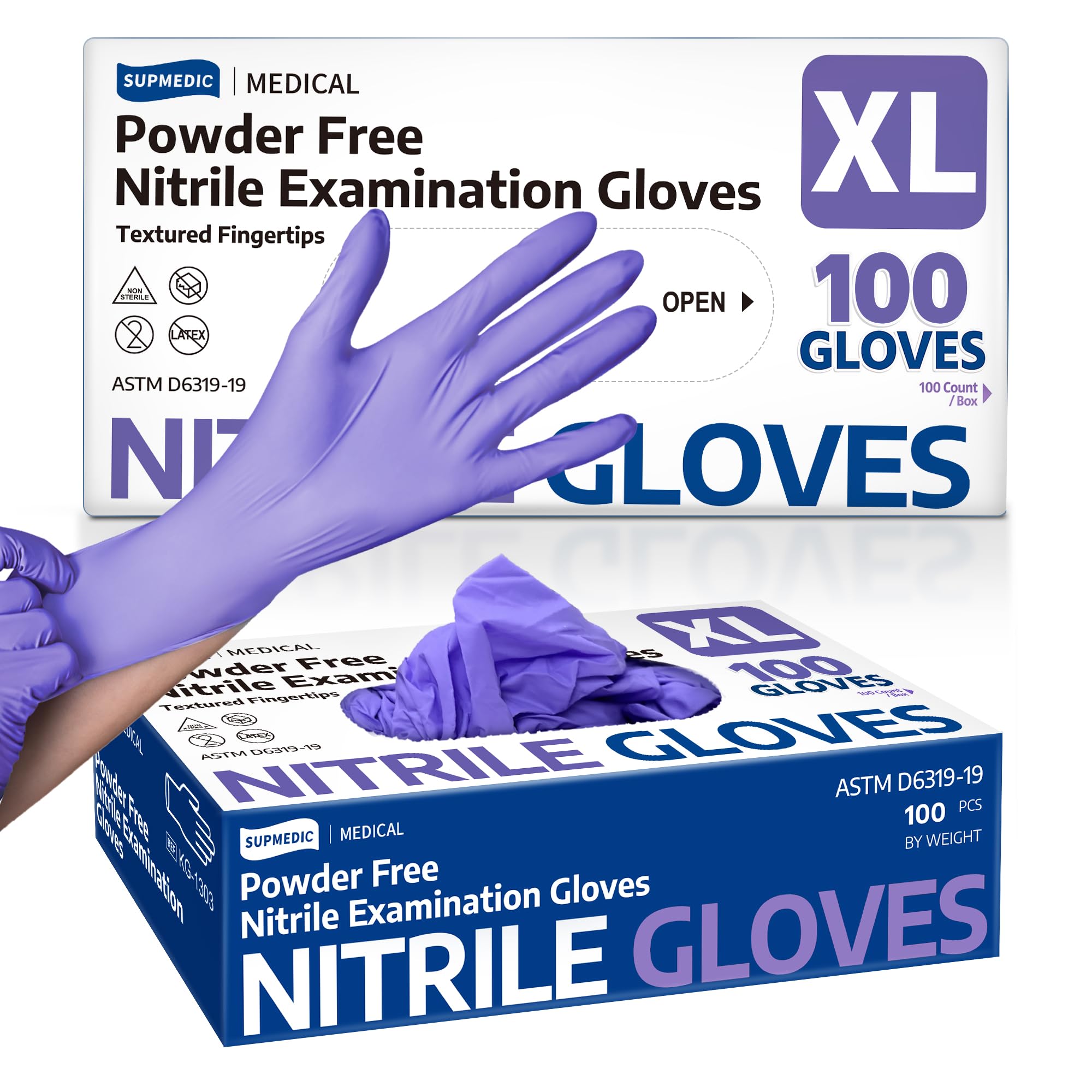 Supmedic nitrile exam gloves 3.5 mil in violet blue, box-ready for quick use