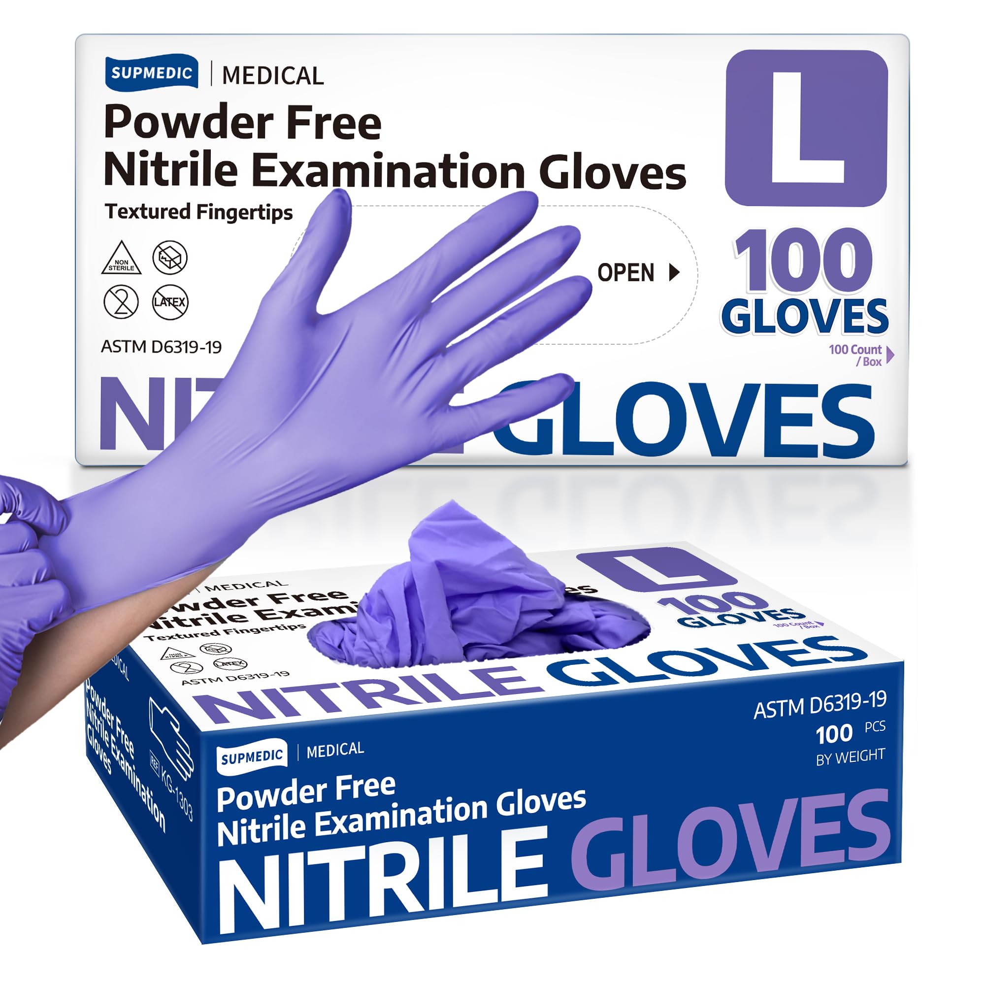 Supmedic nitrile exam gloves in violet-blue box provide a strong barrier.