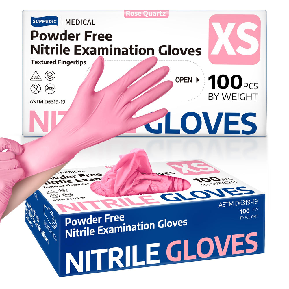 Supmedic rose quartz glove packaging shows powder-free safety for handling.
