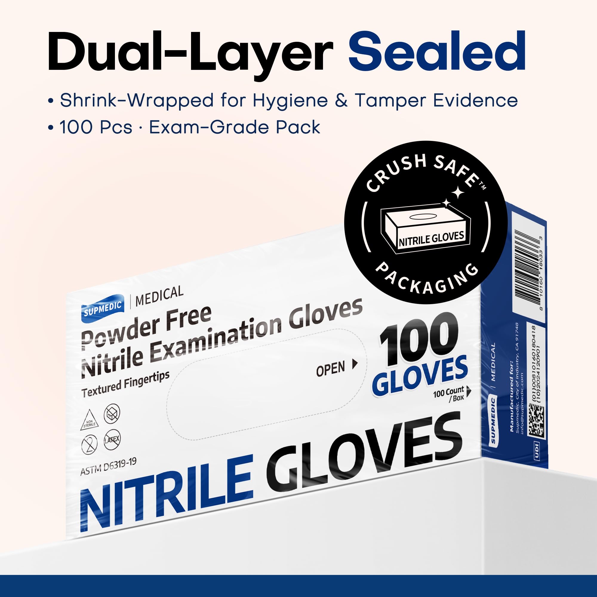 Supmedic glove box-back label highlighting latex- and powder-free materials.