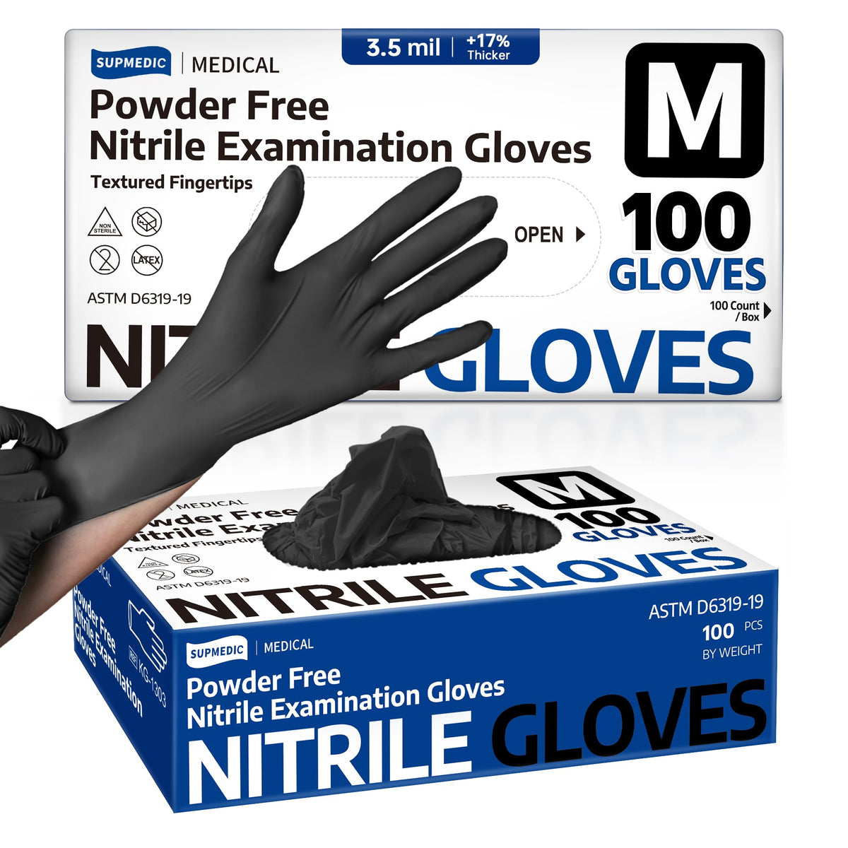Supmedic black nitrile gloves box-front view for quick access.