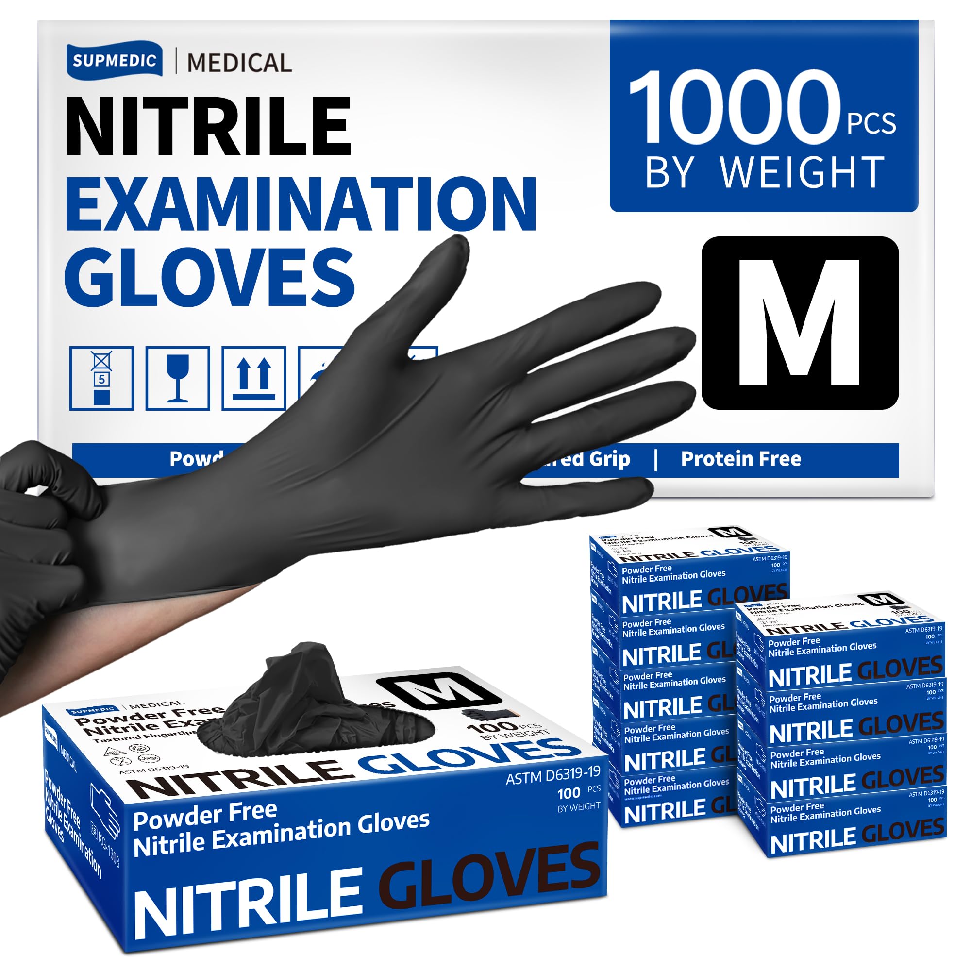 Supmedic nitrile gloves with black packaging show bulk box for restocking